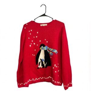 Vintage David Brooks Red Holiday Snowflake Penguin Ugly Christmas Sweater